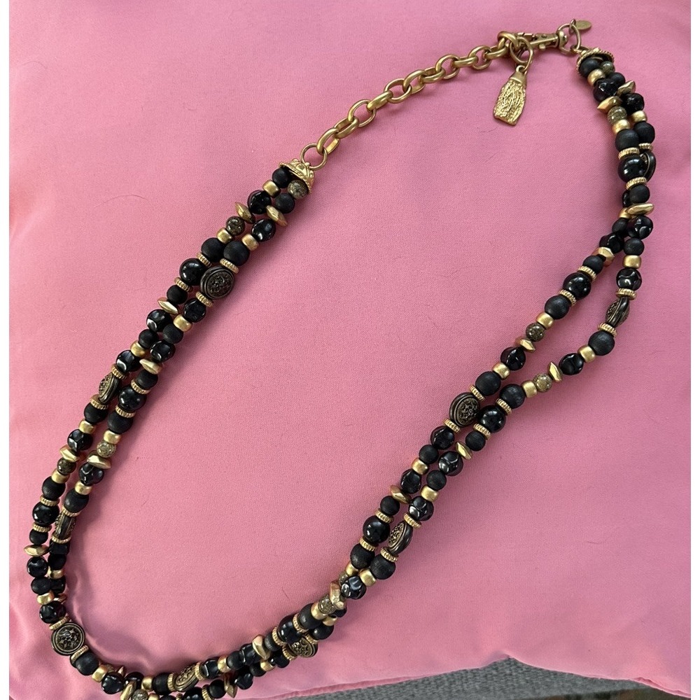 Vintage EXP Made In Korea Gold Tone‎ Two Strand Wooden Beaded Statement Necklace